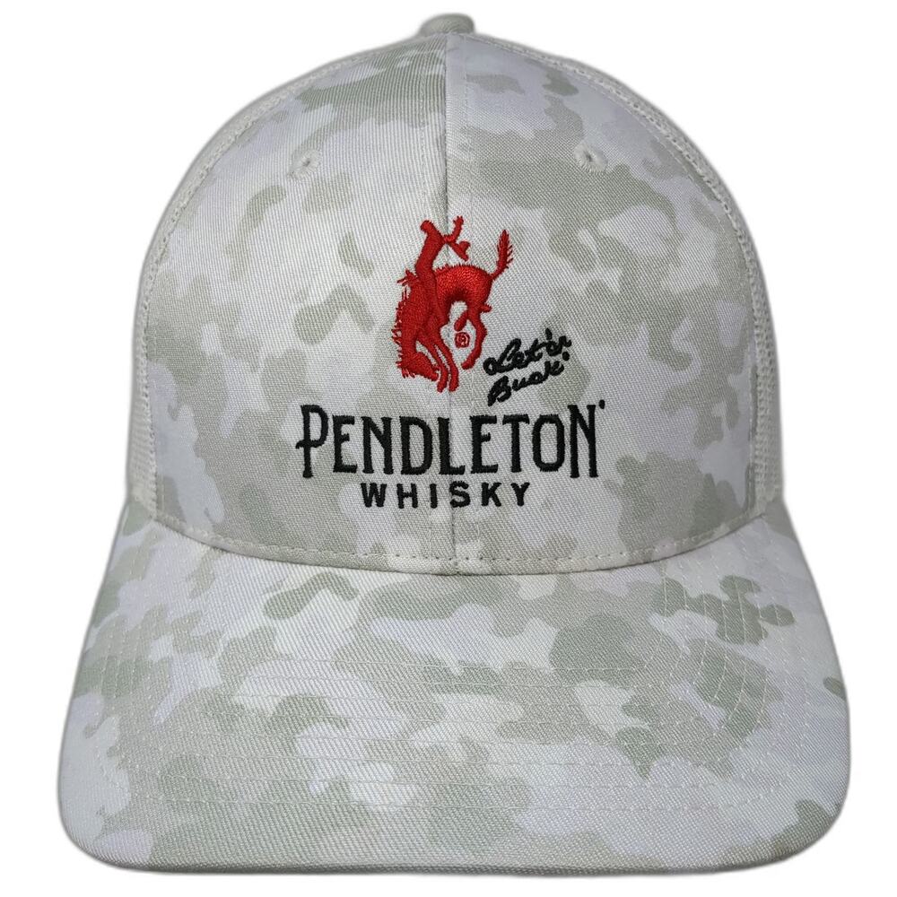 Pendleton Whisky Trucker Hat One Size White Camo Mesh Bucking Bronco Logo Hat